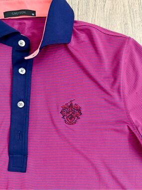 Greyson Pink & Navy Striped Polo with Embroidered Trump Crest Wolf logo